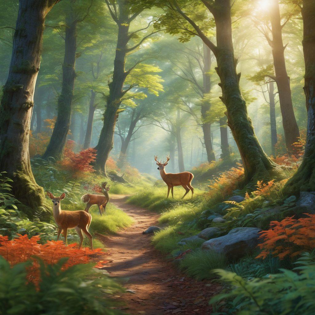 A vibrant forest scene showcasing diverse wildlife such as deer, birds, and squirrels cohabiting in harmony. In the background, a group of adventurers, equipped with hiking gear, are exploring the lush greenery, illustrating responsible forest management. Sunlight filters through the leaves, creating a magical glow, while a small sign about eco-friendliness stands nearby. The overall atmosphere is lively and inviting. super-realistic. vibrant colors. nature-inspired.