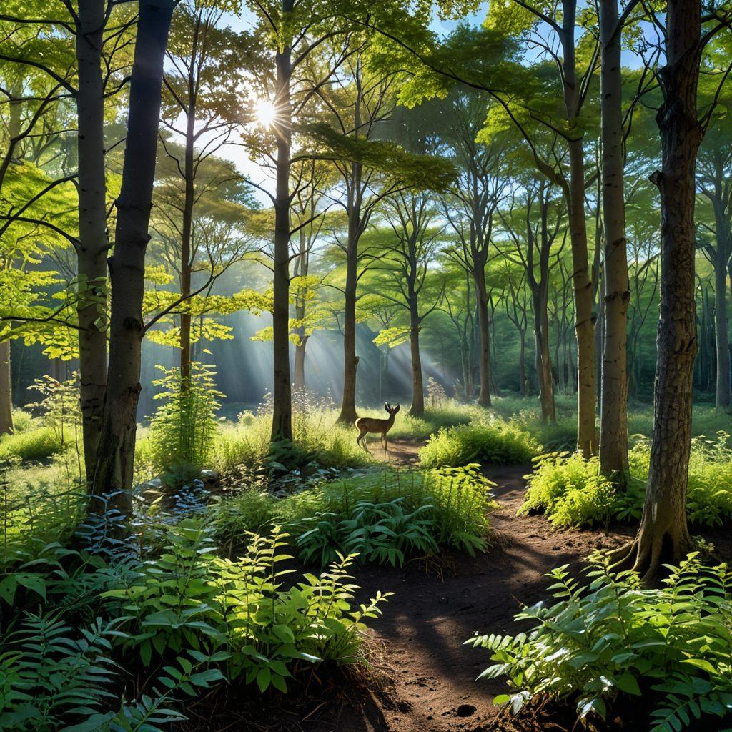 A serene woodland scene depicting diverse trees and lush undergrowth, with a clear blue sky above. In the foreground, a passionate caretaker is planting saplings and tending to young plants, symbolizing sustainable practices. Subtle wildlife like deer and birds can be seen in the background, showcasing the harmony of nature. Soft sunlight filters through the leaves, creating a warm and inviting atmosphere. vibrant colors. super-realistic.