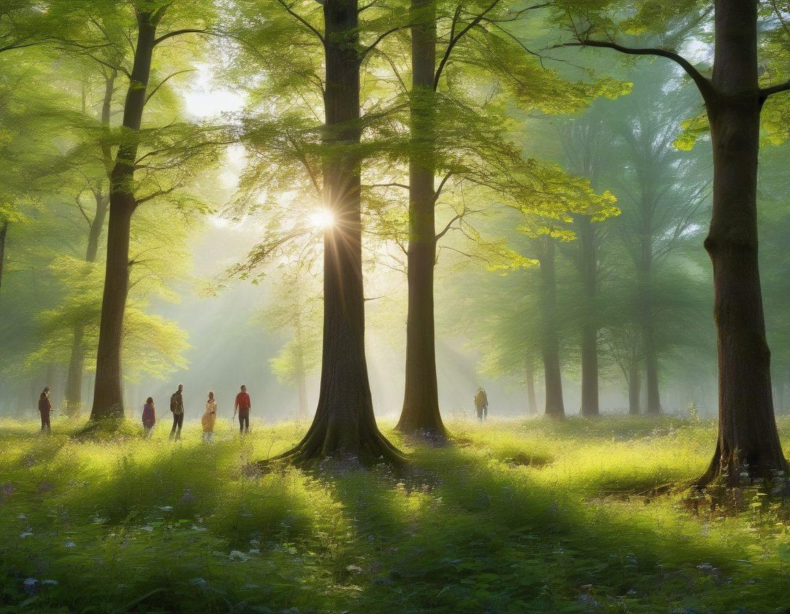 A serene woodland landscape showcasing tall, majestic trees with vivid green leaves, intertwined with delicate vines and blooming wildflowers. In the foreground, a diverse group of people of different ages and backgrounds are engaged in various conservation activities, like planting saplings and collecting litter. The sky is bright and clear, symbolizing a hopeful future. Sunlight filters through the trees, creating a magical atmosphere. super-realistic. vibrant colors. 3D.